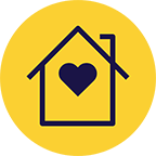 Blue line drawing of a house with a heart inside of it, on a yellow background