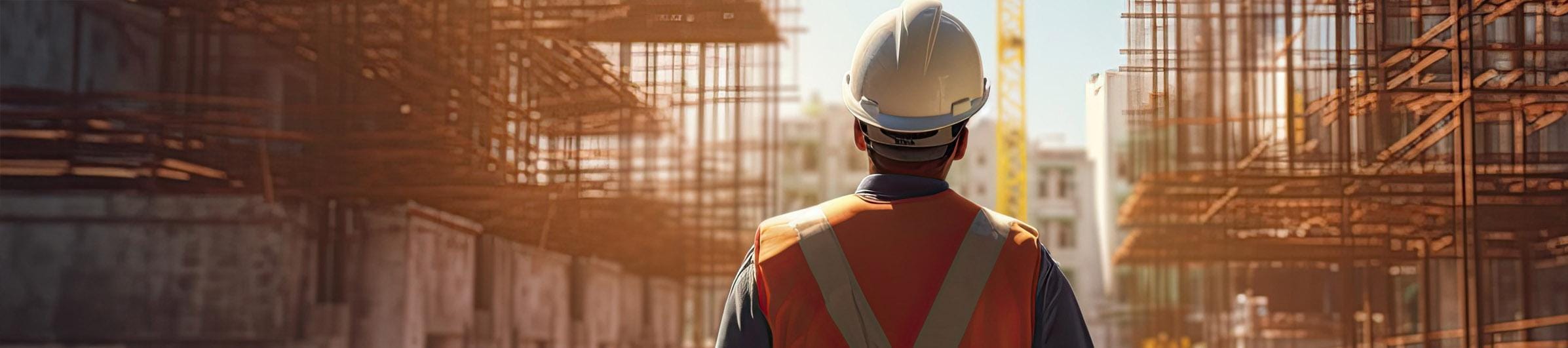 A construction worker looking at a project in program, with their back to camera