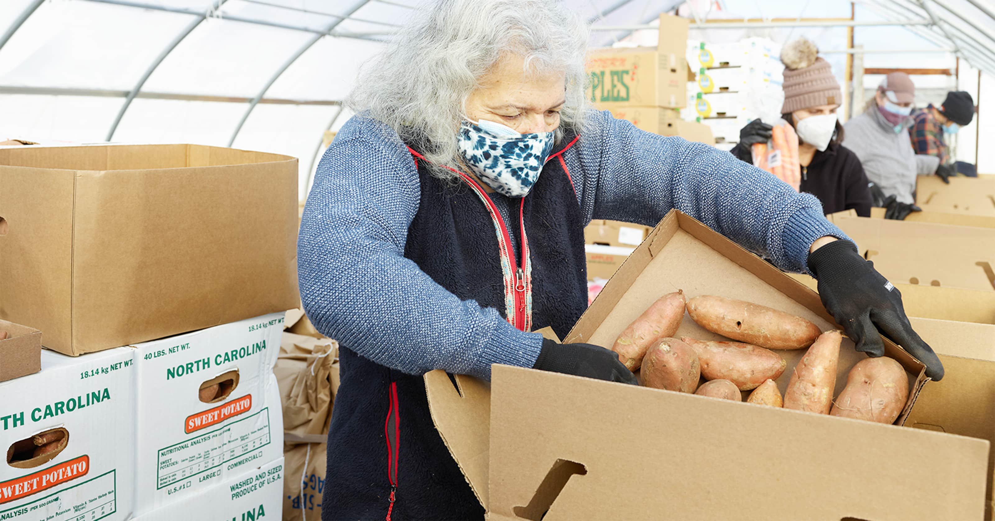 Woman in a face mask, boxing up vegetable at The Boston Gleaners Inc.