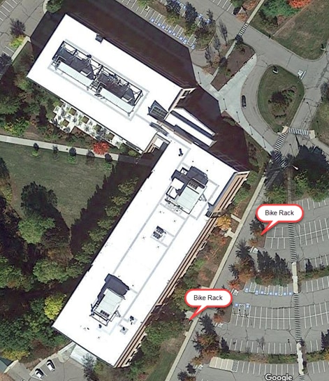Aerial view of the Liberty Dover office, noting the bike racks 