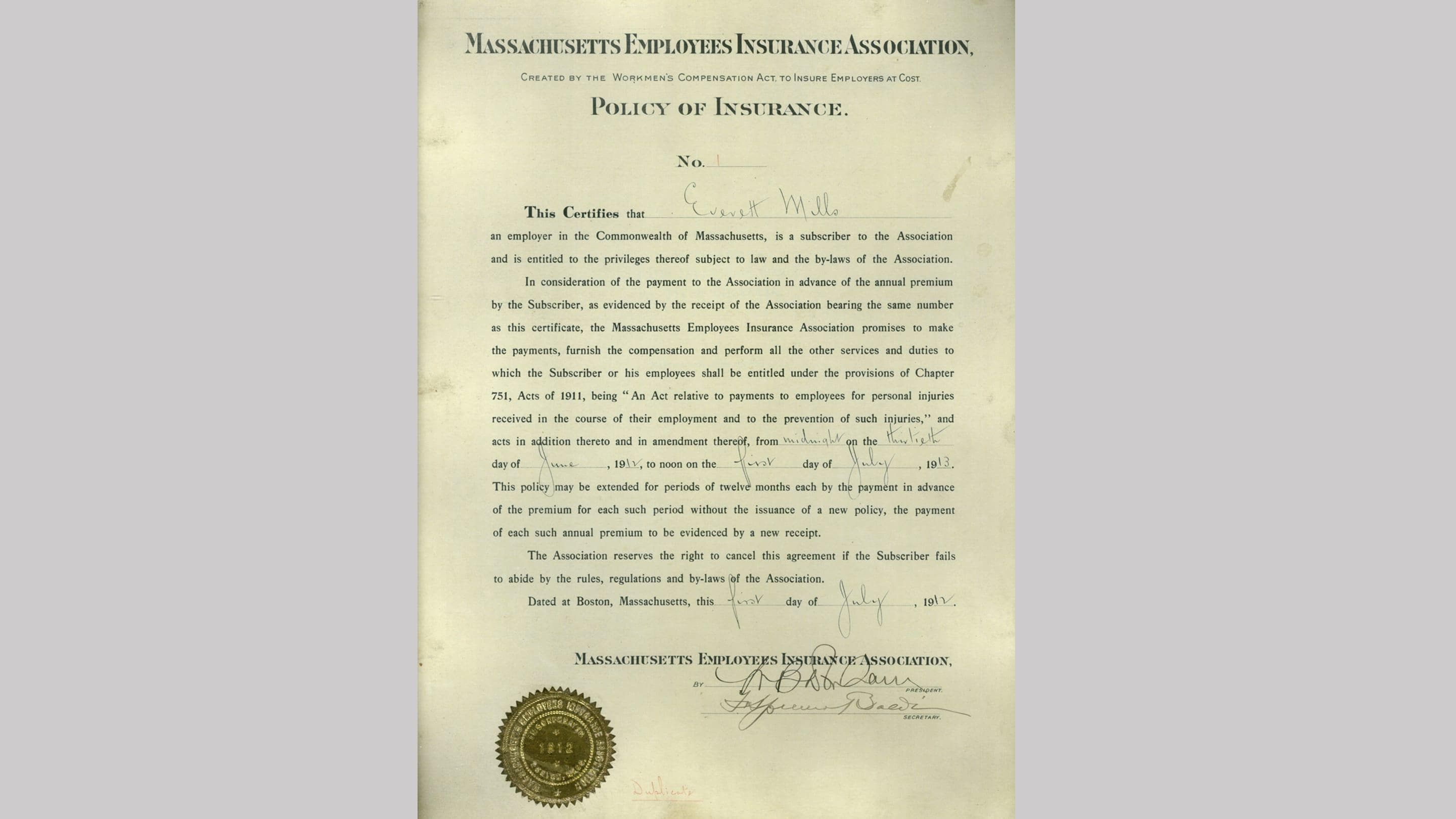 (slide 1 of 12) First insurance policy from 1912 .
