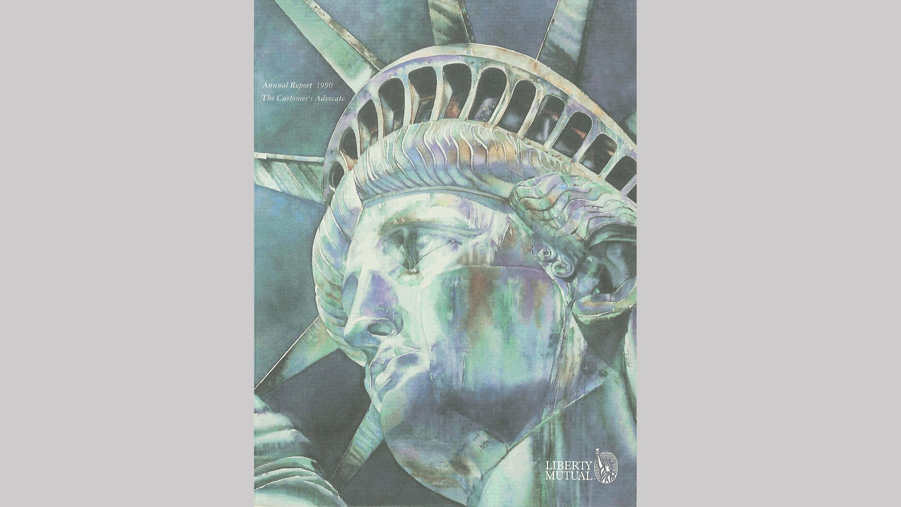 (slide 10 of 12) A 1990 annual report cover by Liberty Mutual Insurance featuring a close up of the statue of liberty's face .