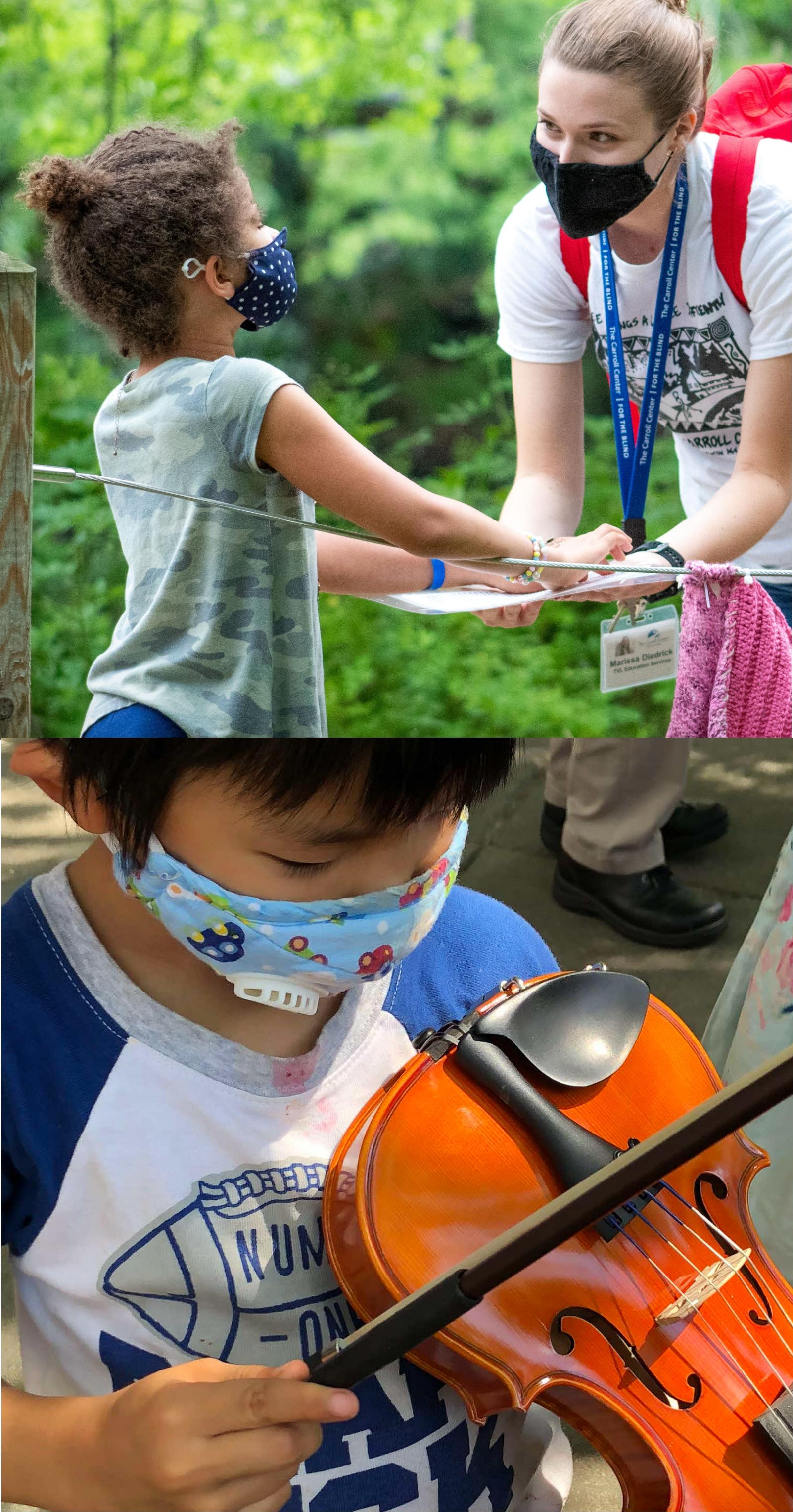 Masked kids and adult outdoors, one playing the violin, the other holding hands with the adult