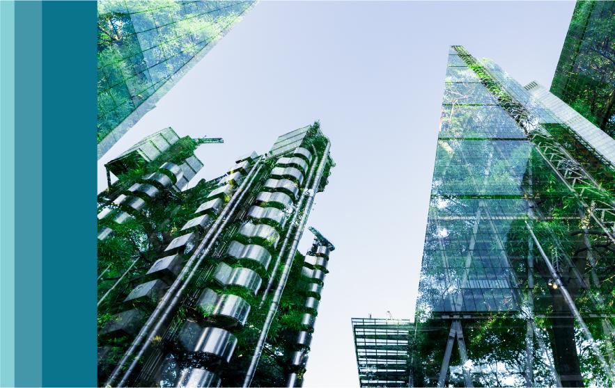 Ground up view of the exterior of a futuristic looking building